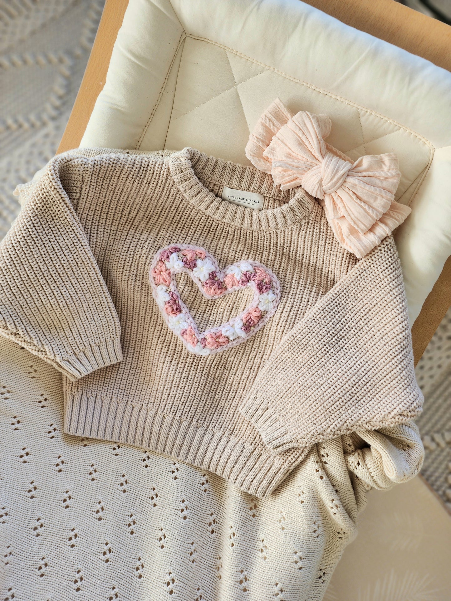 Floral Heart Jumper - Oat Latte