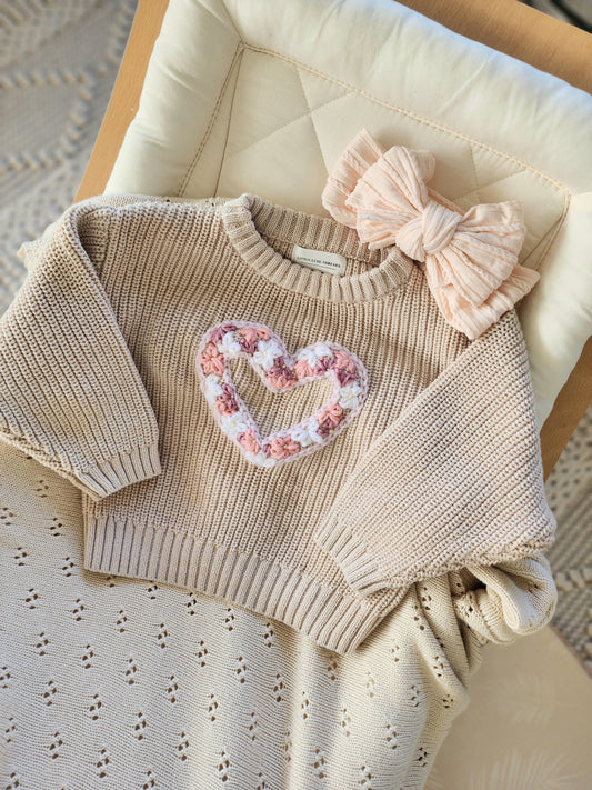 Floral Heart Jumper - Oat Latte
